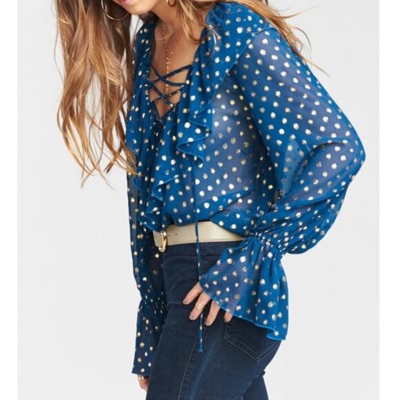 Show Me Your Mumu Elton Ruffled Lace Up Blouse Teal Gold Polka Dot M Medium - Picture 5 of 12